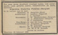 1966 Overlijden  Alberdina Diederika Bergvelt‏‎ [1904 - 1966].